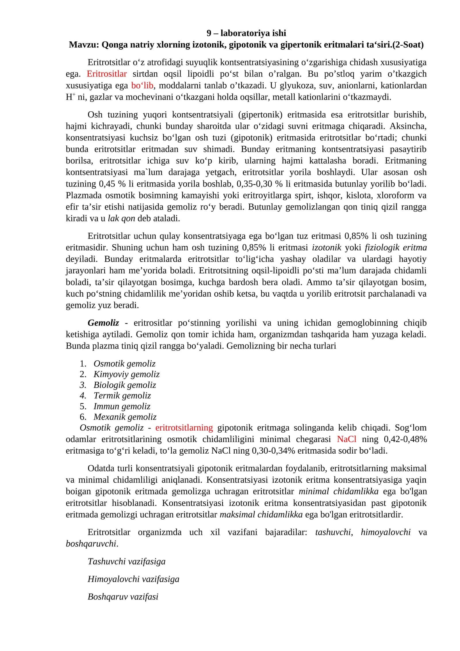Qonga natriy xlorning izotonik, gipotonik va gipertonik eritmalari ta‘siri