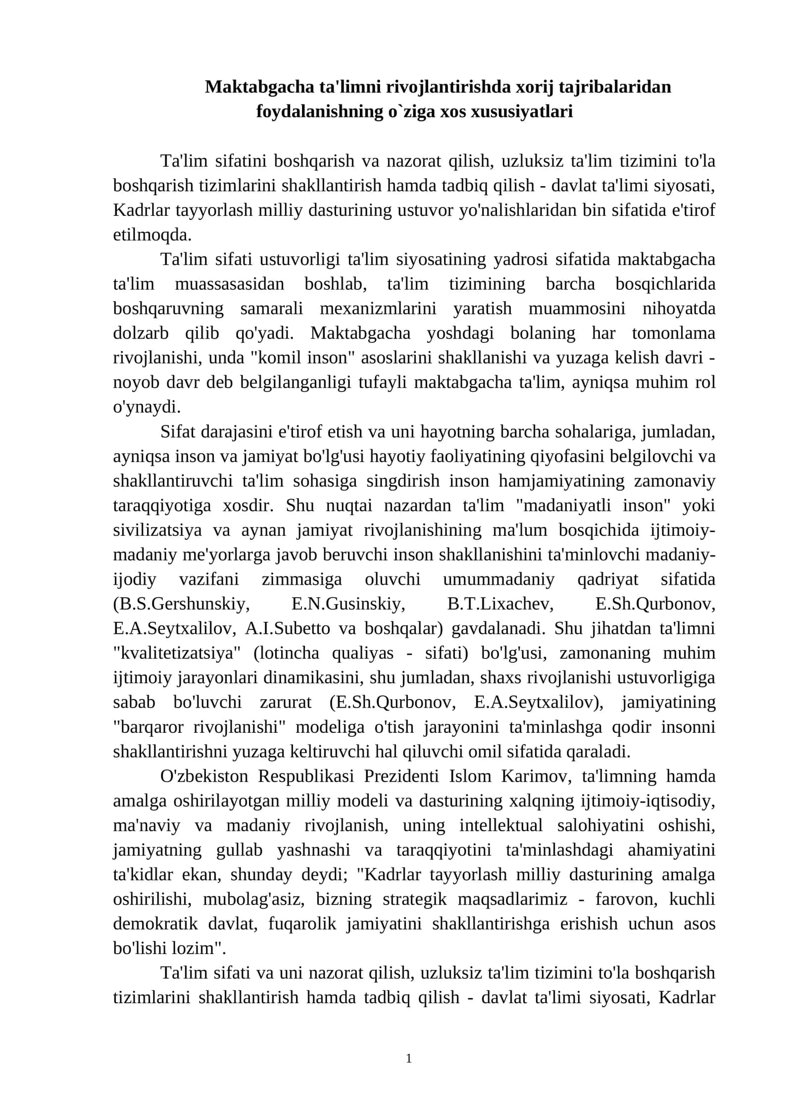 Maktabgacha ta'limni rivojlantirishda xorij tajribalaridan foydalanishning o`ziga xos xususiyatlari