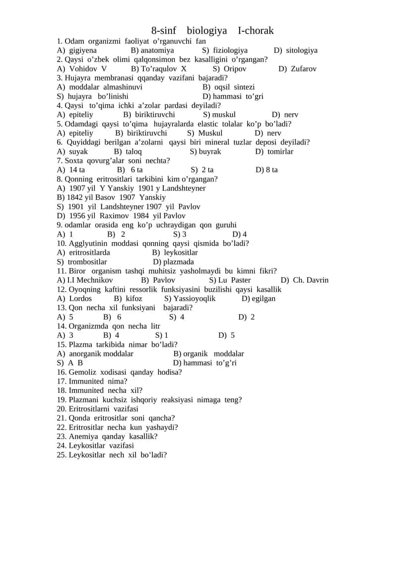 8-sinf biologiya I-chorak