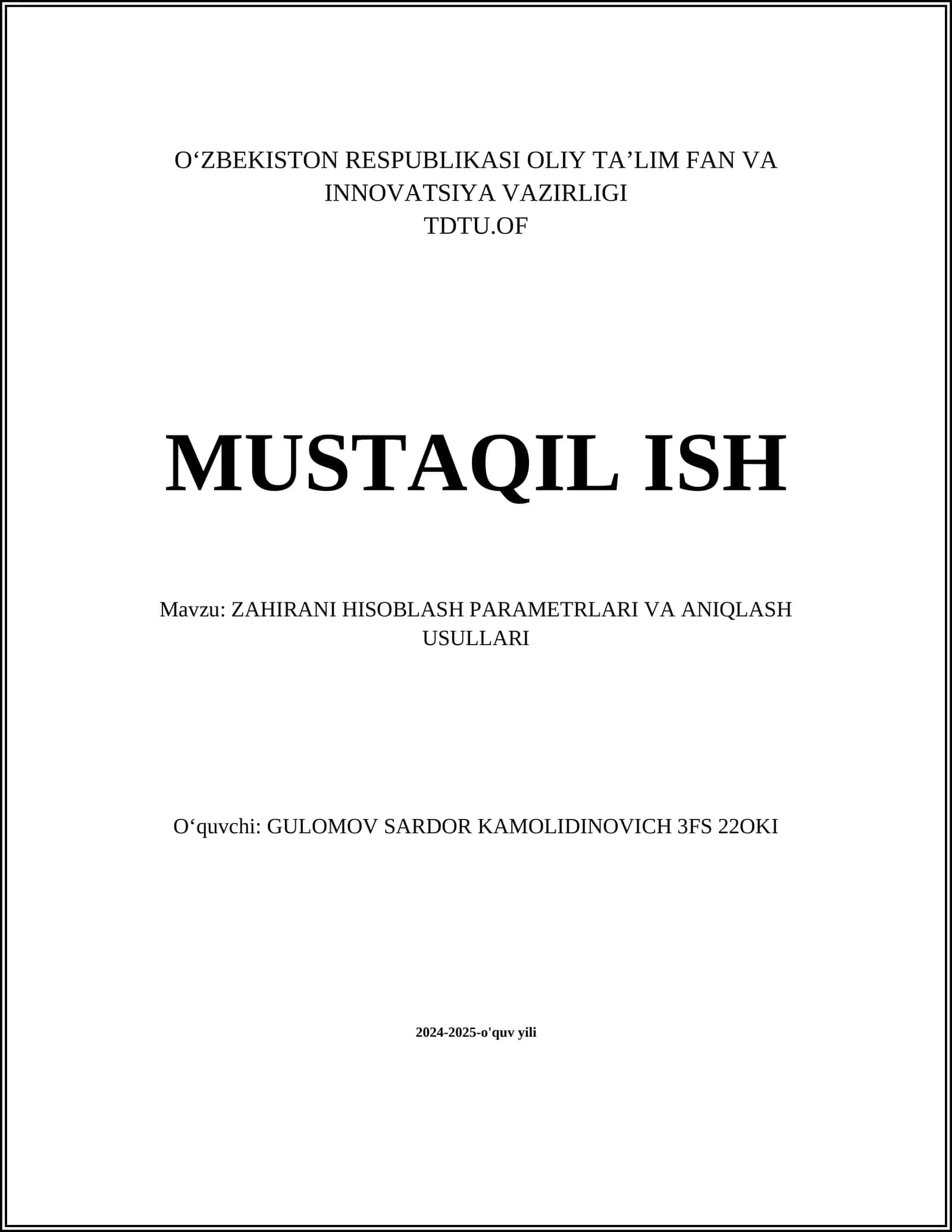 ZAHIRANI HISOBLASH PARAMETRLARI VA ANIQLASH USULLARI