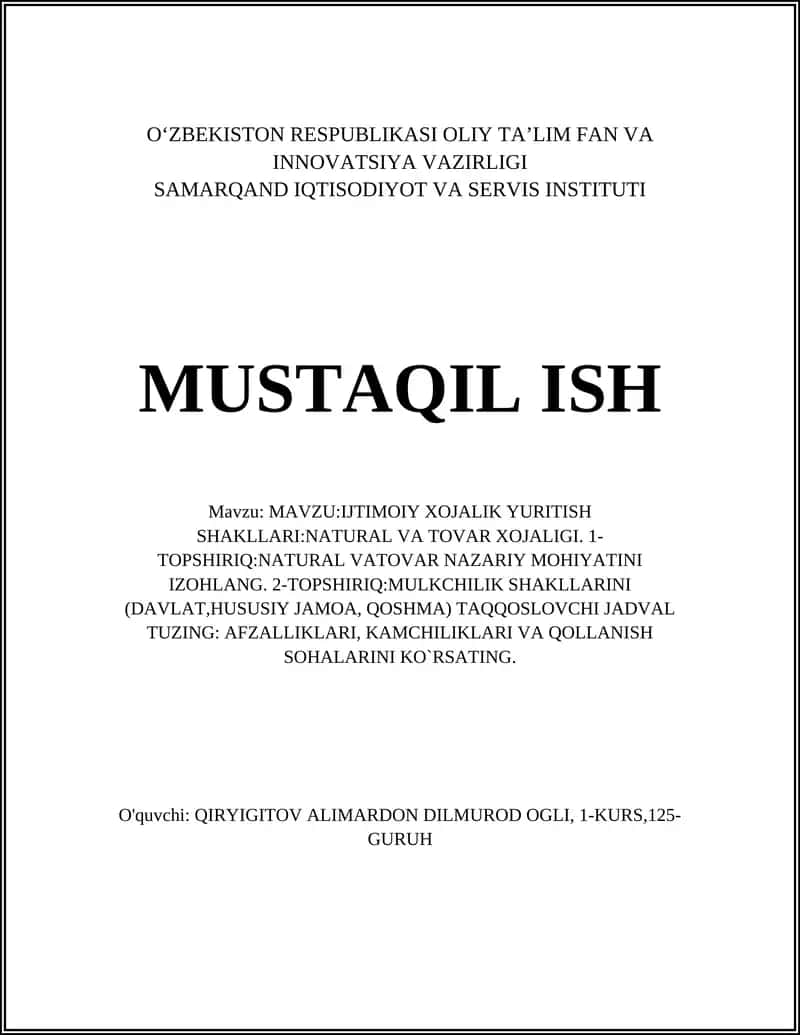Ijtimoiy Xojalik Yuritish Shakllari: Natural va Tovar Xojaligi
