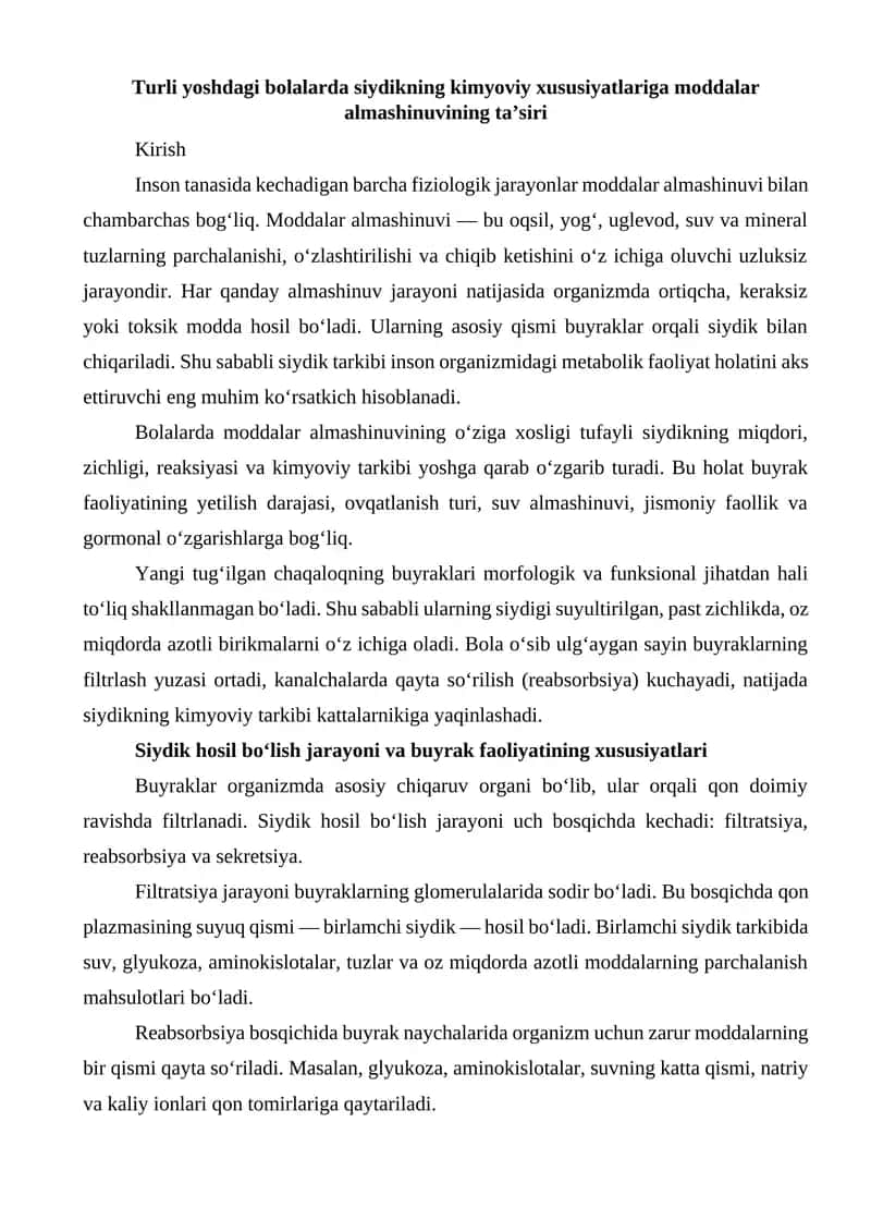 Turli yoshdagi bolalarda siydikning kimyoviy xususiyatlariga moddalar almashinuvining ta’siri