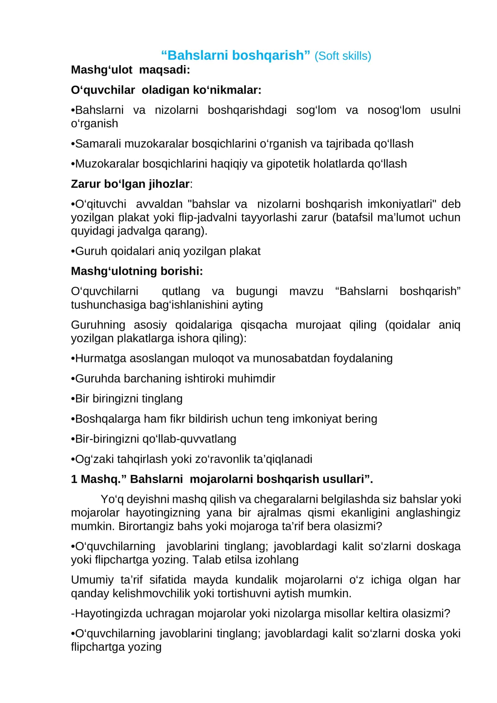 “Bahslarni boshqarish” (Soft skills)