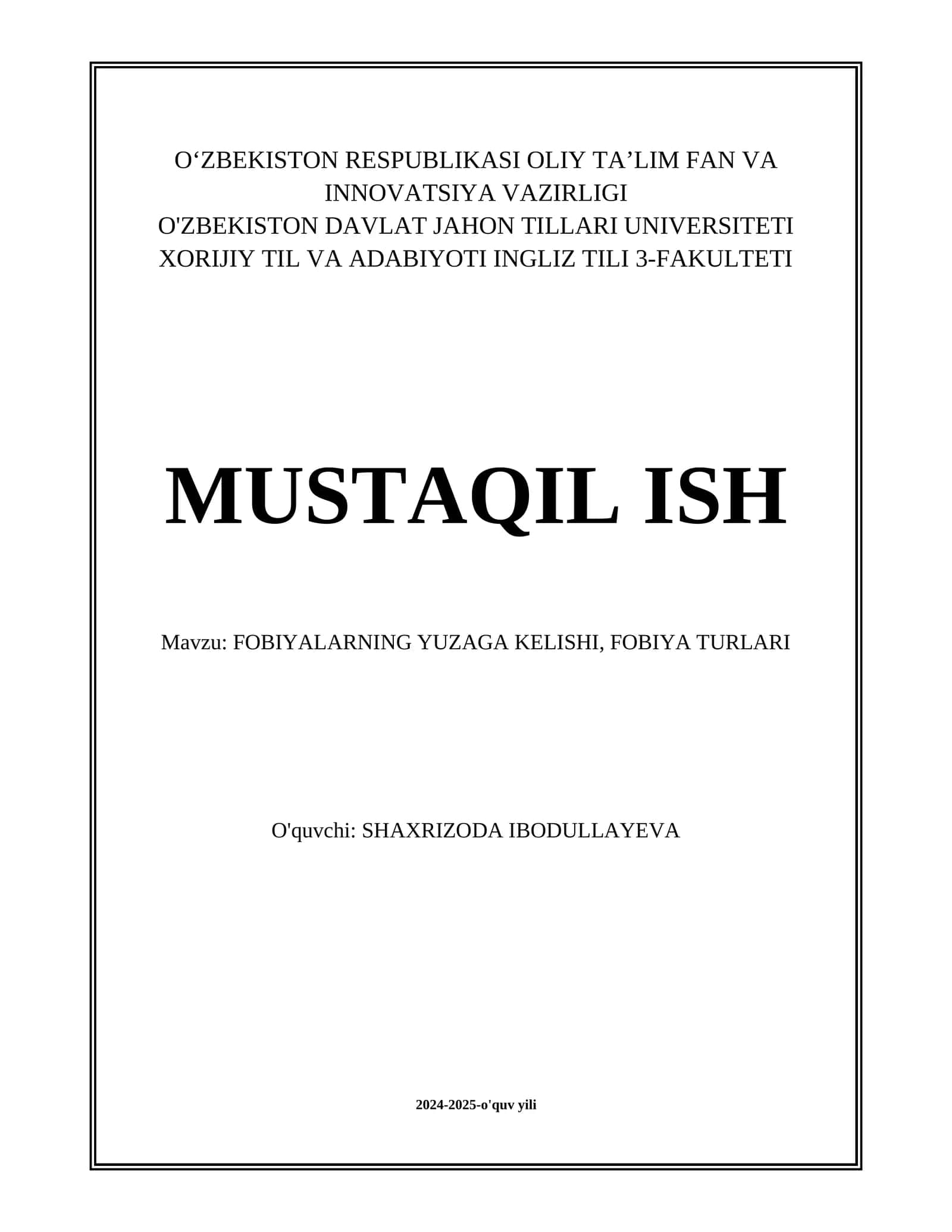 FOBIYALARNING YUZAGA KELISHI, FOBIYA TURLARI