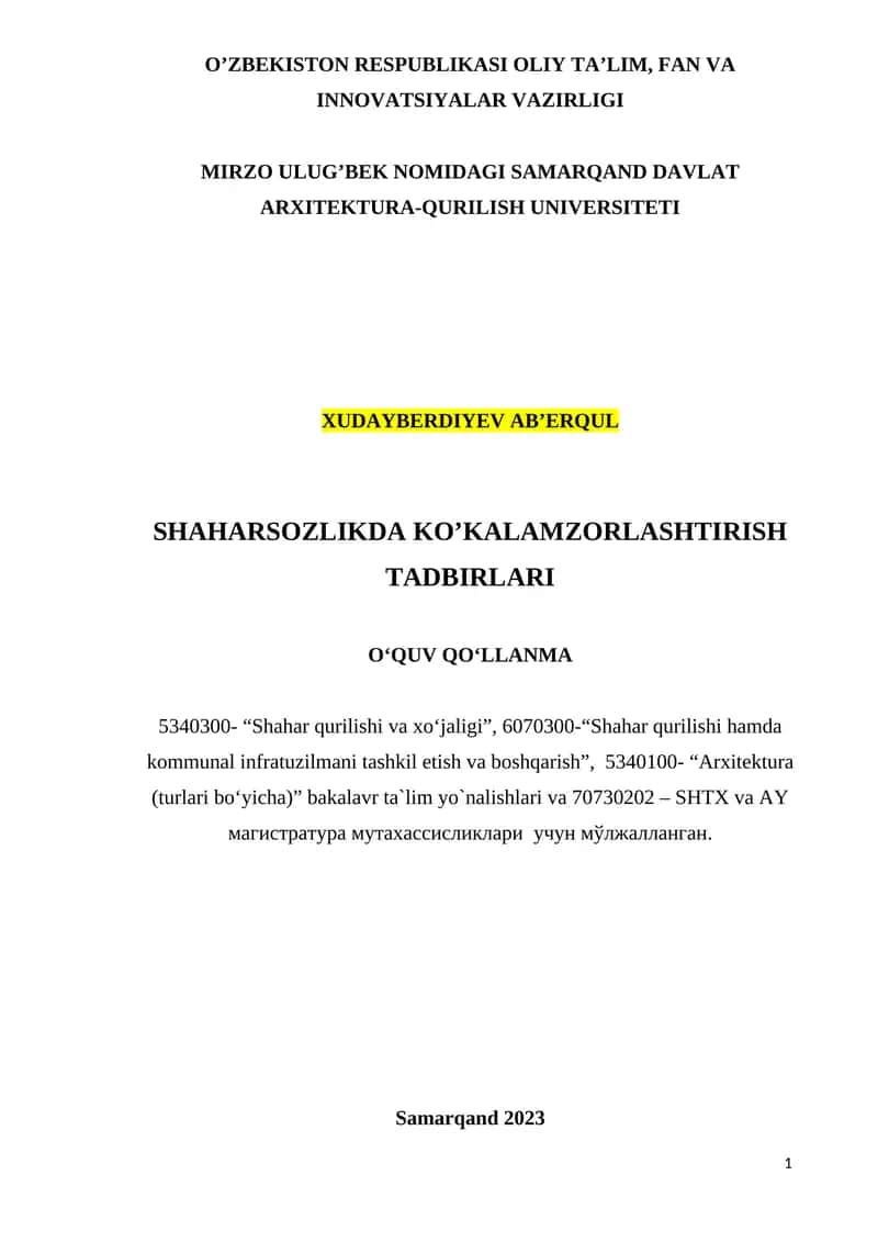 Shaharsozlikda Ko'kalamzorlashtirish Tadbirlari