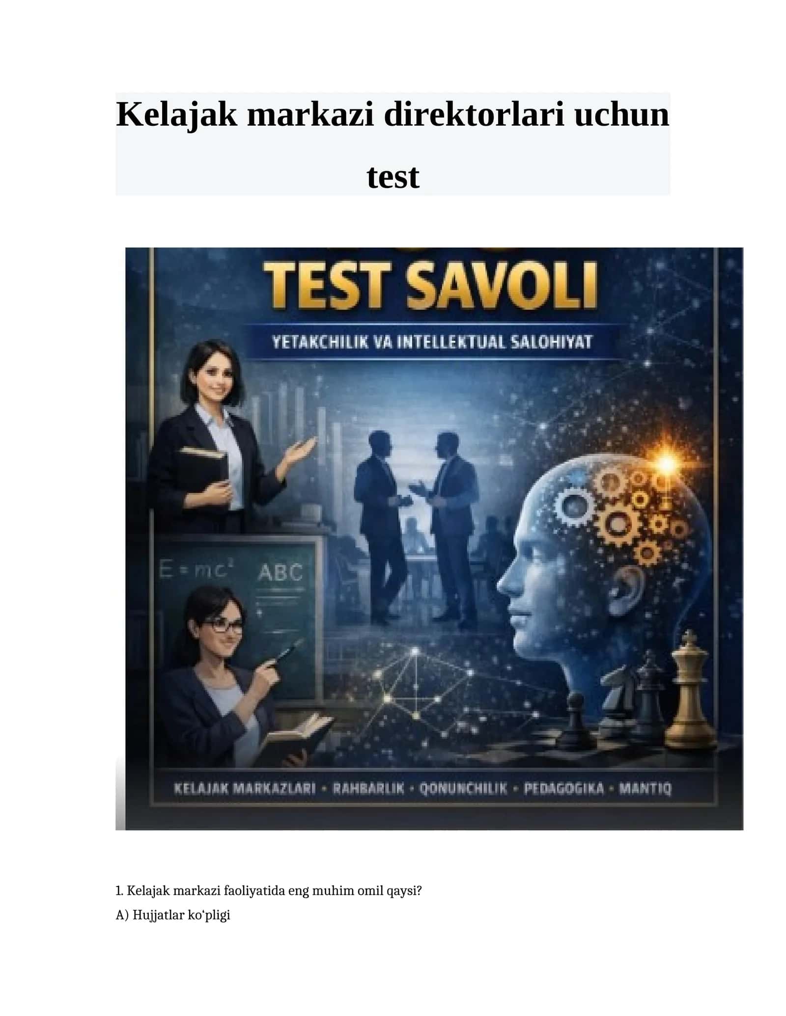 Kelajak markazi direktorlari uchun 200 ta testlar