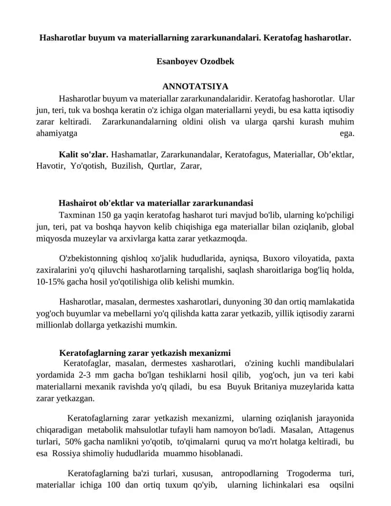 Hasharotlar buyum va materiallarning zararkunandalari