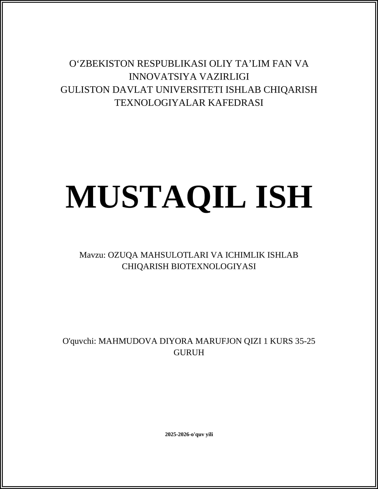 OZUQA MAHSULOTLARI VA ICHIMLIK ISHLAB CHIQARISH BIOTEXNOLOGIYASI