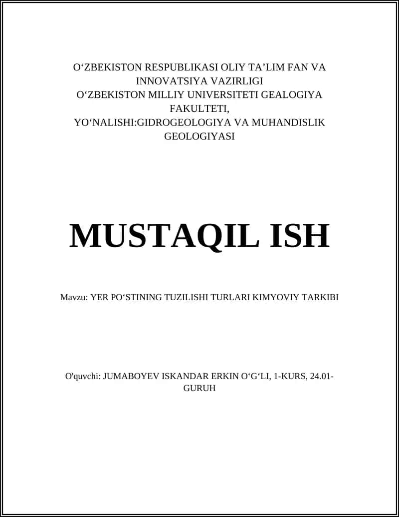 YER POʻSTINING TUZILISHI TURLARI KIMYOVIY TARKIBI