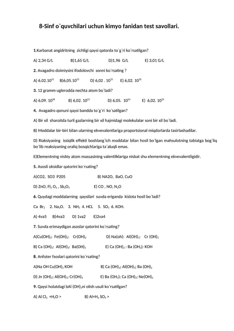 8-Sinf o`quvchilari uchun kimyo fanidan test savollari