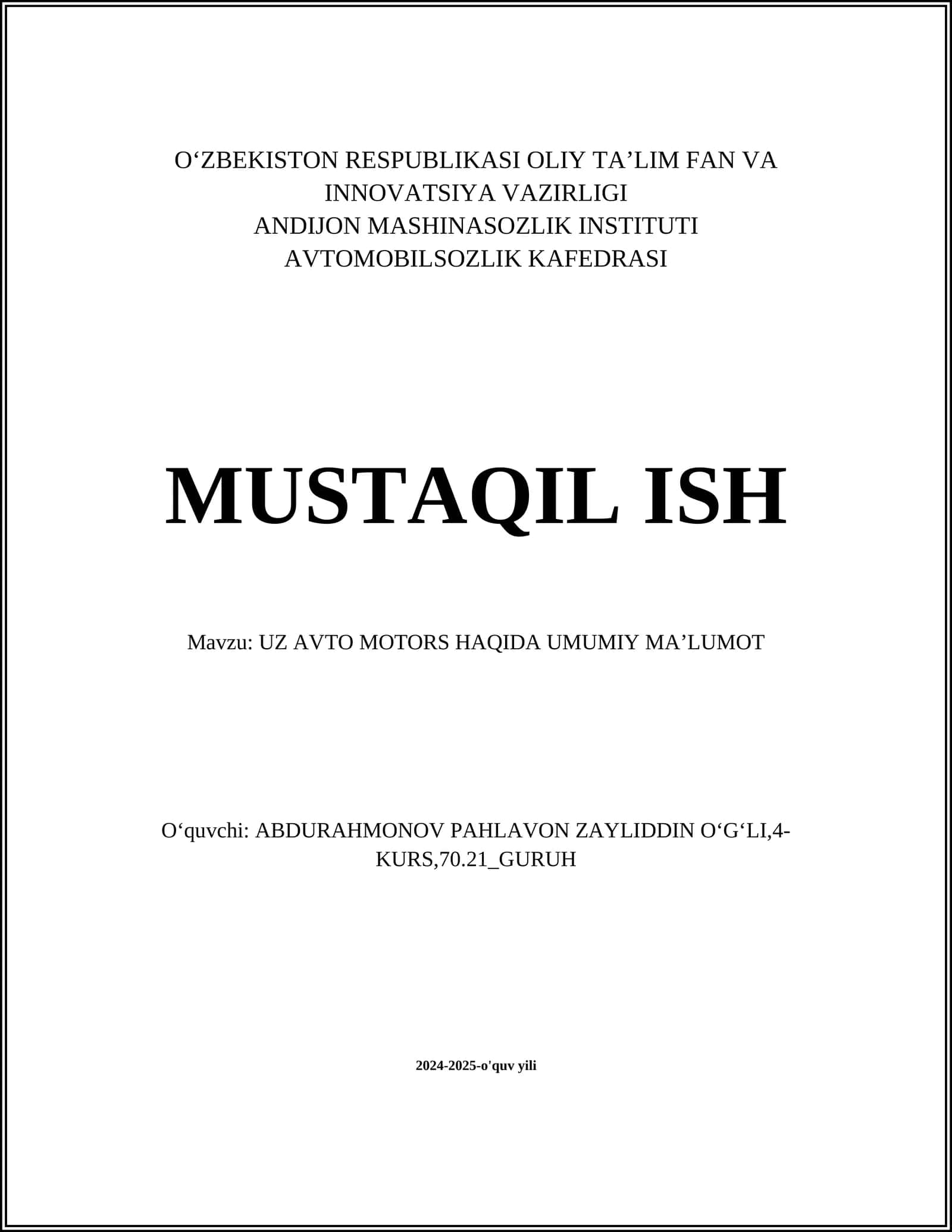 UZ AVTO MOTORS HAQIDA UMUMIY MAʼLUMOT