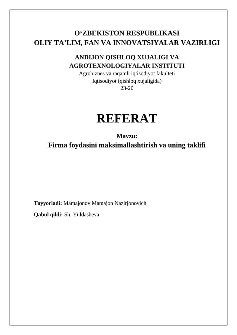 Firma foydasini maksimallashtirish va uning taklifi