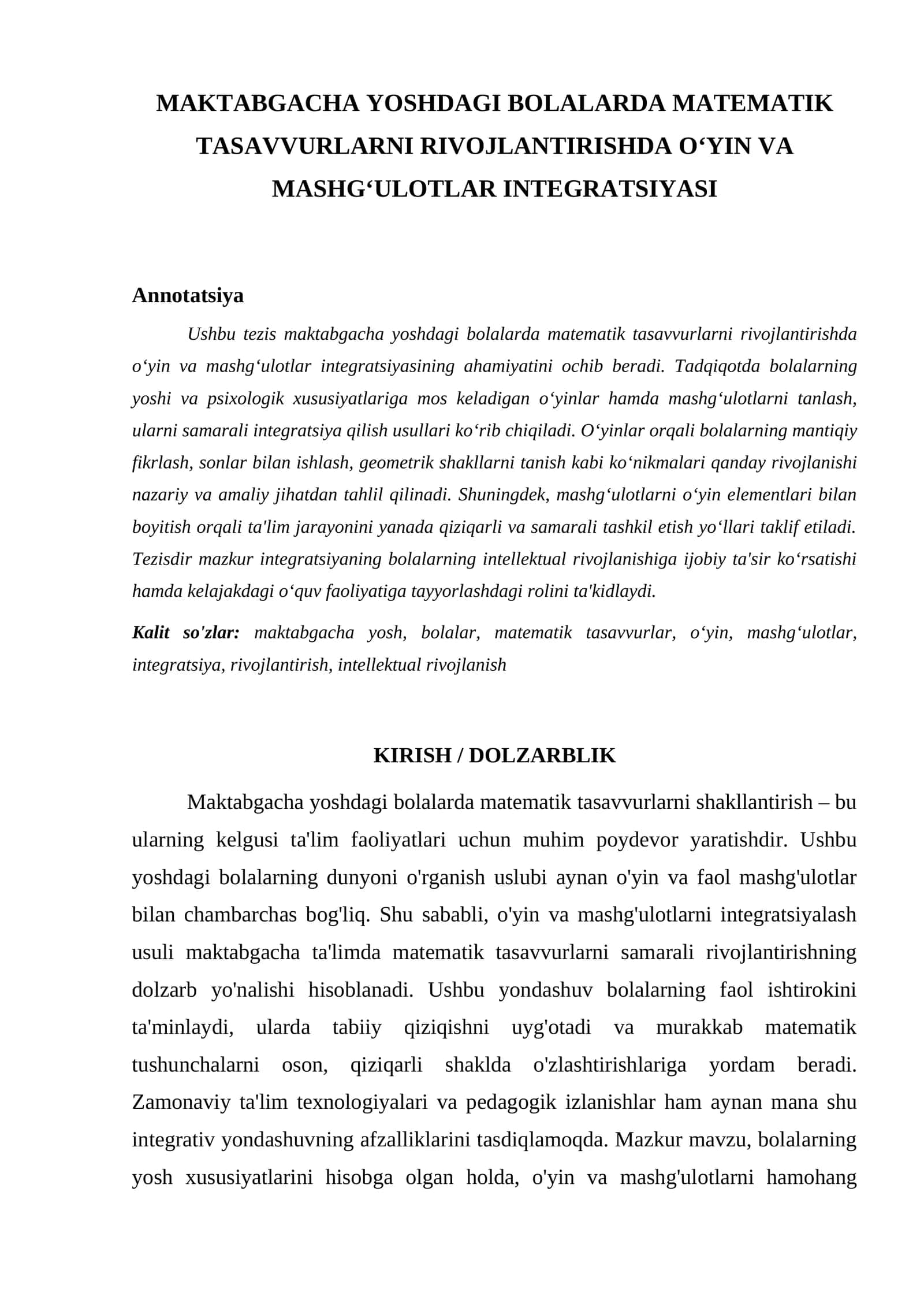 MAKTABGACHA YOSHDAGI BOLALARDA MATEMATIK TASAVVURLARNI RIVOJLANTIRISHDA O‘YIN VA MASHG‘ULOTLAR INTEGRATSIYASI