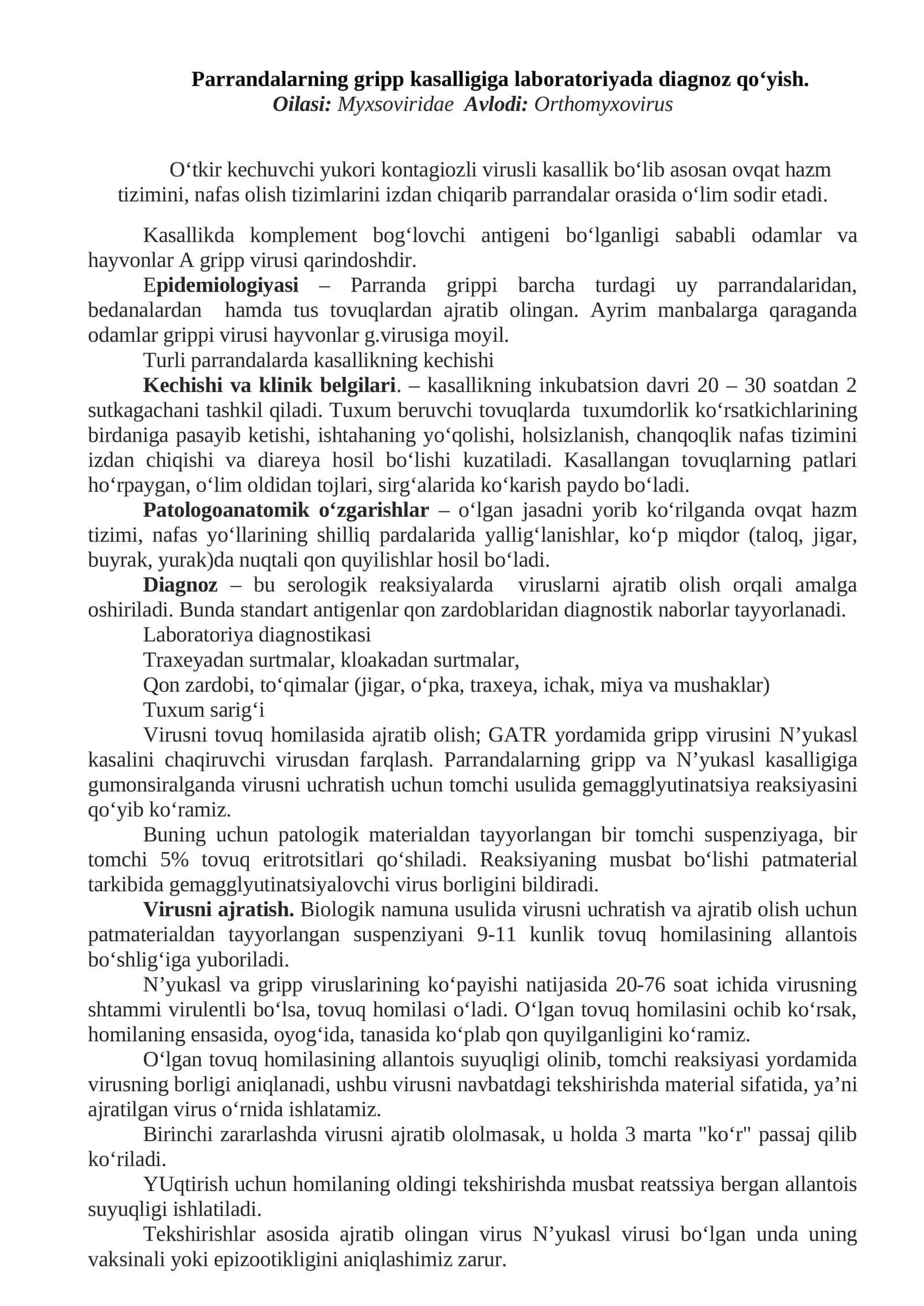 Parrandalarning gripp kasalligiga laboratoriyada diagnoz qo‘yish