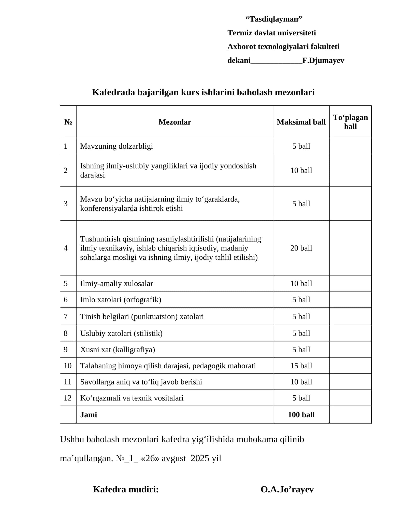 Kurs ishlarini baholash mezonlari