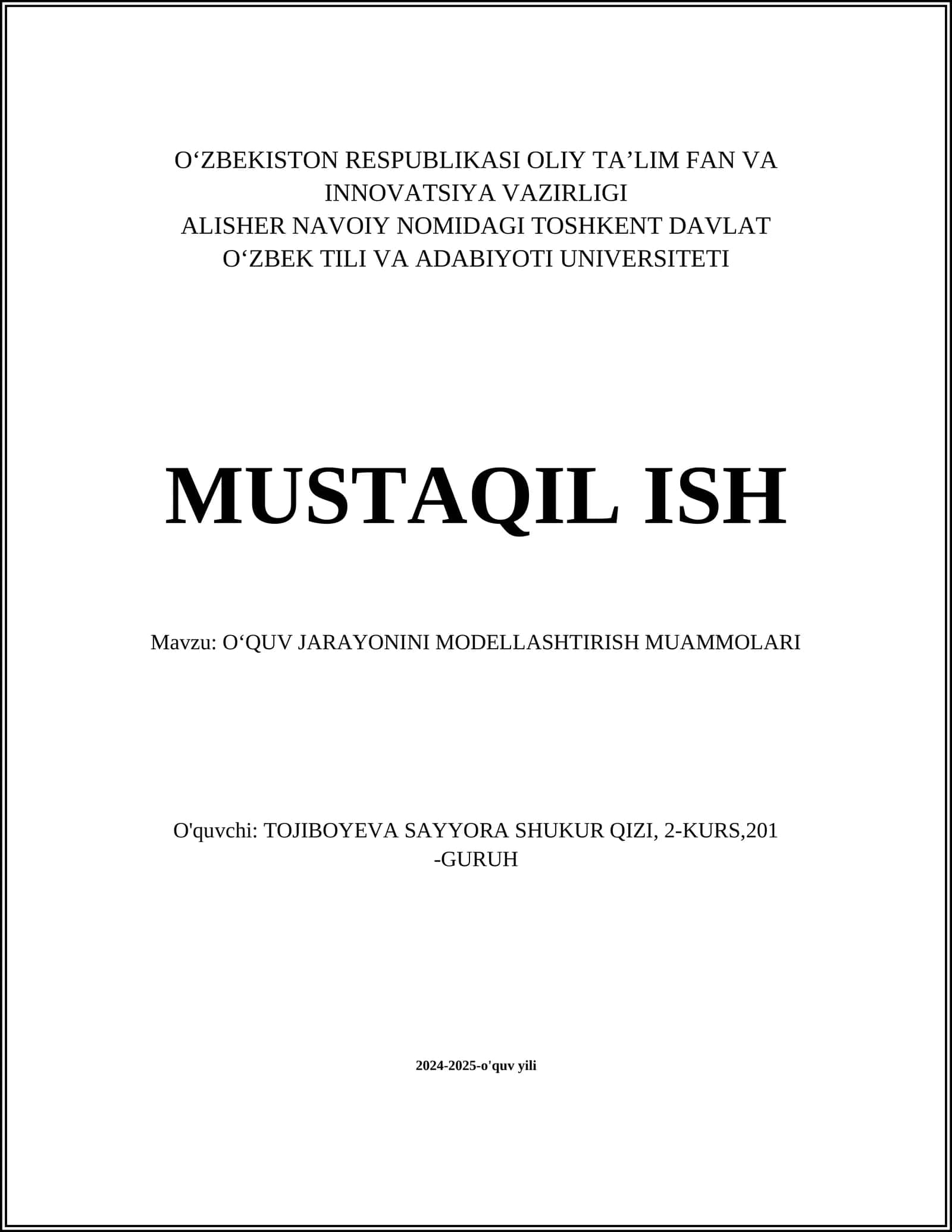 OʻQUV JARAYONINI MODELLASHTIRISH MUAMMOLARI