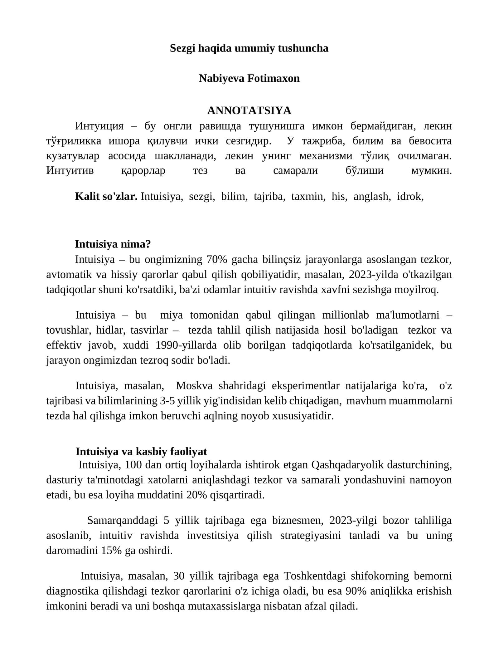 Sezgi haqida umumiy tushuncha