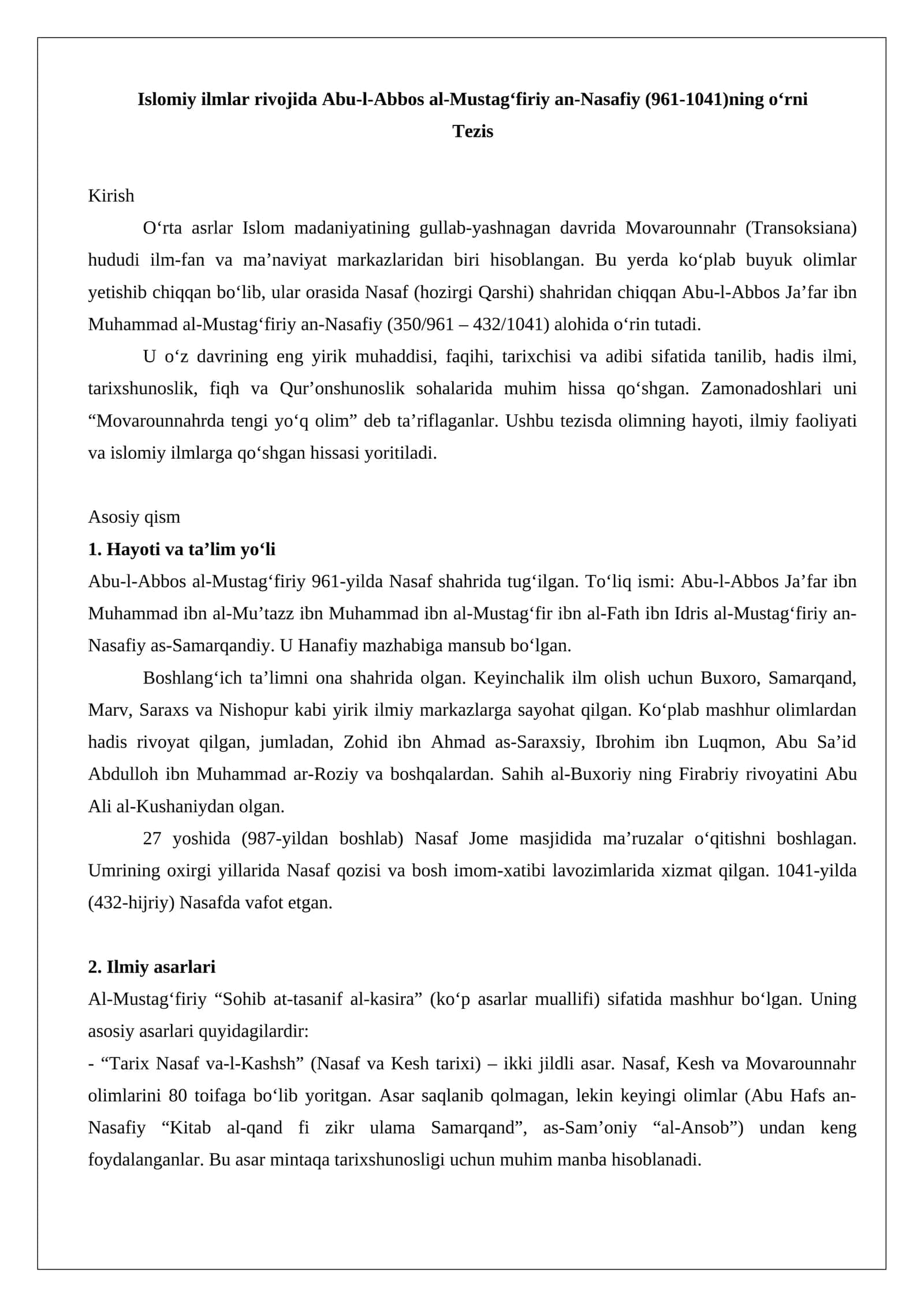 Islomiy ilmlar rivojida Abu-l-Abbos al-Mustagʻfiriy an-Nasafiy (961-1041)ning oʻrni