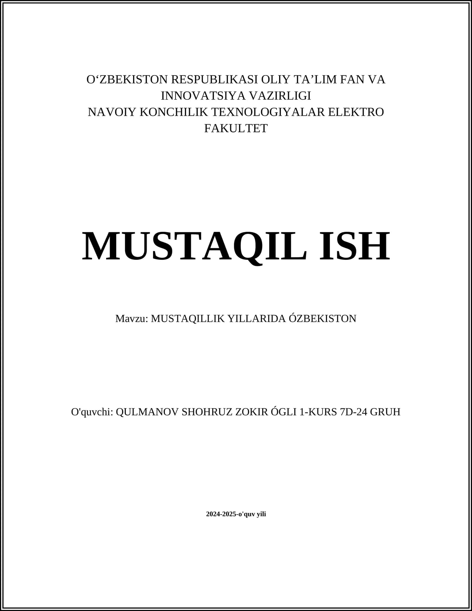 MUSTAQILLIK YILLARIDA ÓZBEKISTON