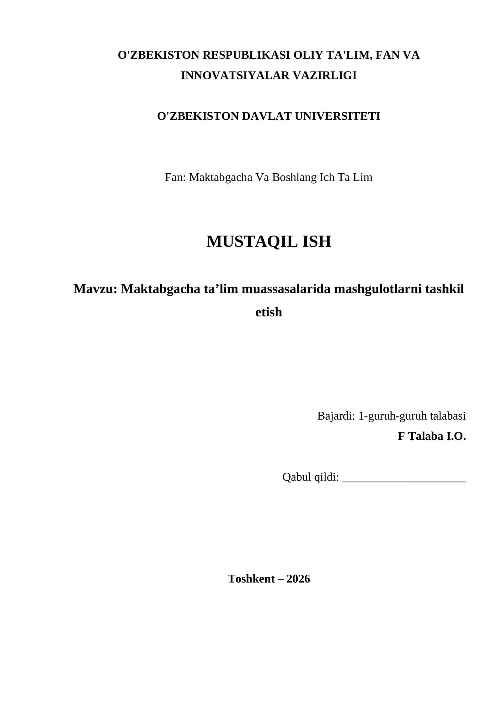 Maktabgacha ta’lim muassasalarida mashgulotlarni tashkil etish