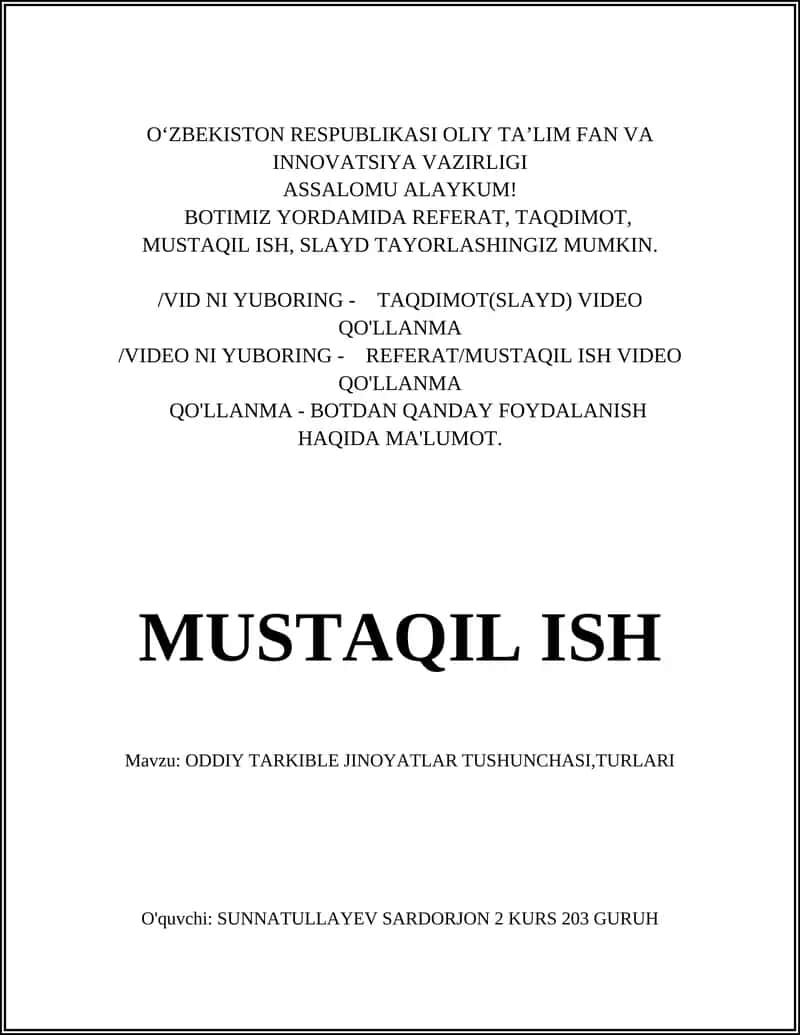 ODDIY TARKIBLE JINOYATLAR TUSHUNCHASI