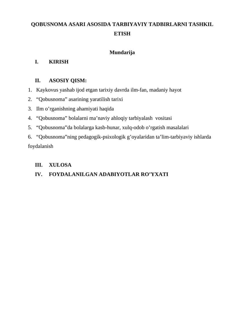 QOBUSNOMA ASARI ASOSIDA TARBIYAVIY TADBIRLARNI TASHKIL ETISH