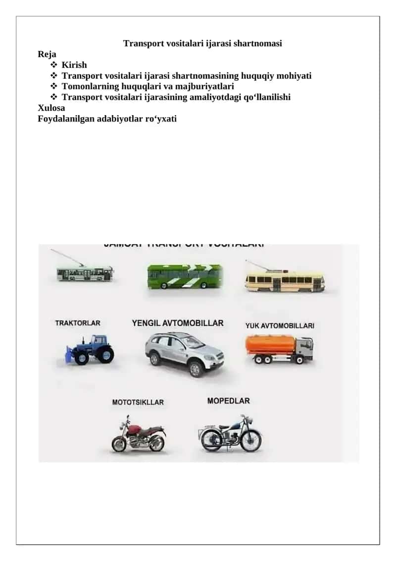 Transport vositalari ijarasi shartnomasi