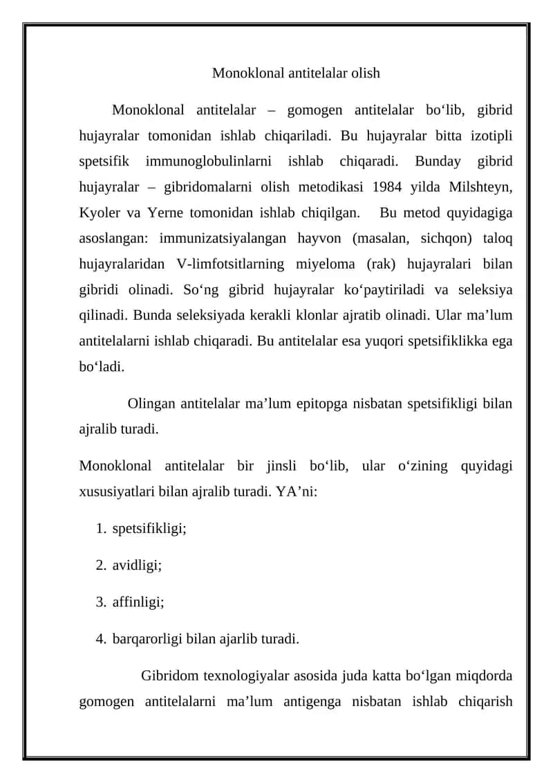 Monoklonal antitelalar olish