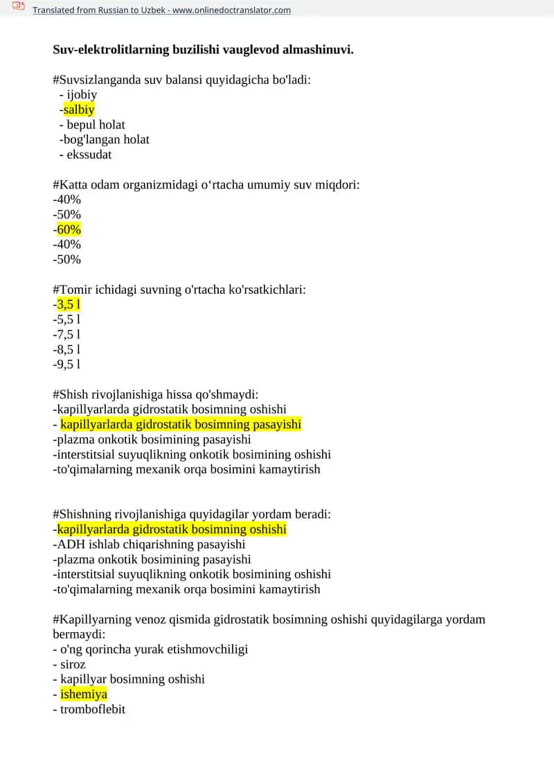 Suv-elektrolitlarning buzilishi vauglevod almashinuvi test