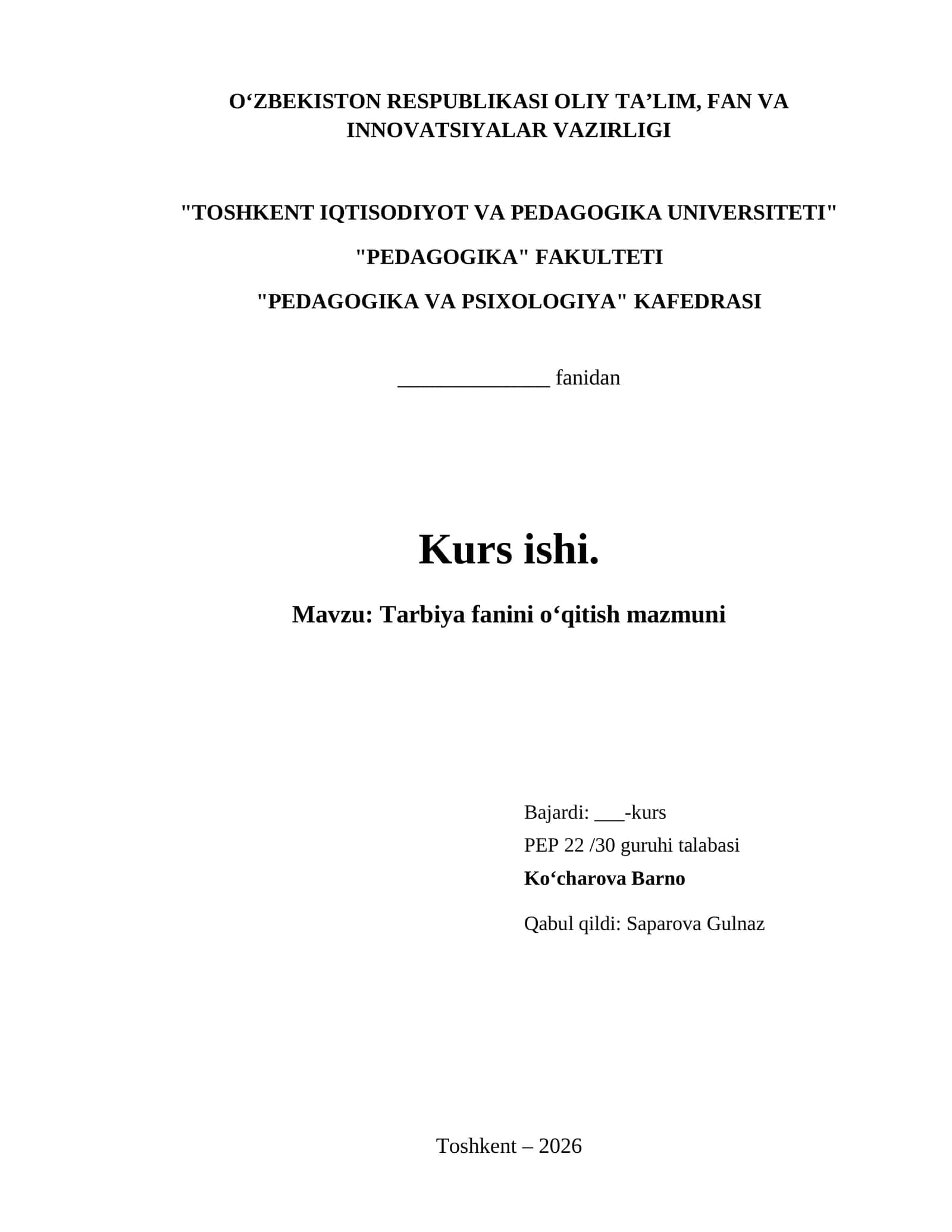 Tarbiya fanini oʻqitish mazmuni