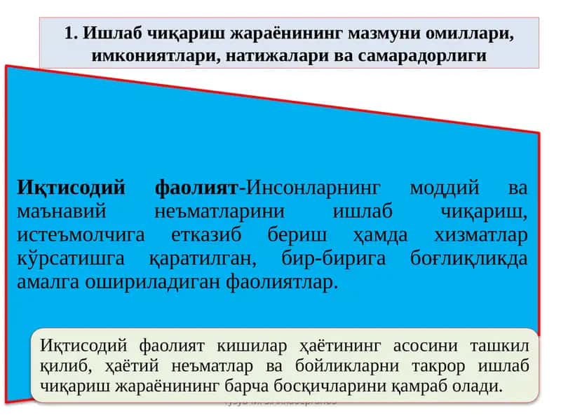 Ишлабчиқаришжараёнинингмазмуниомиллари,имкониятлари,натижаларивасамарадорлиги