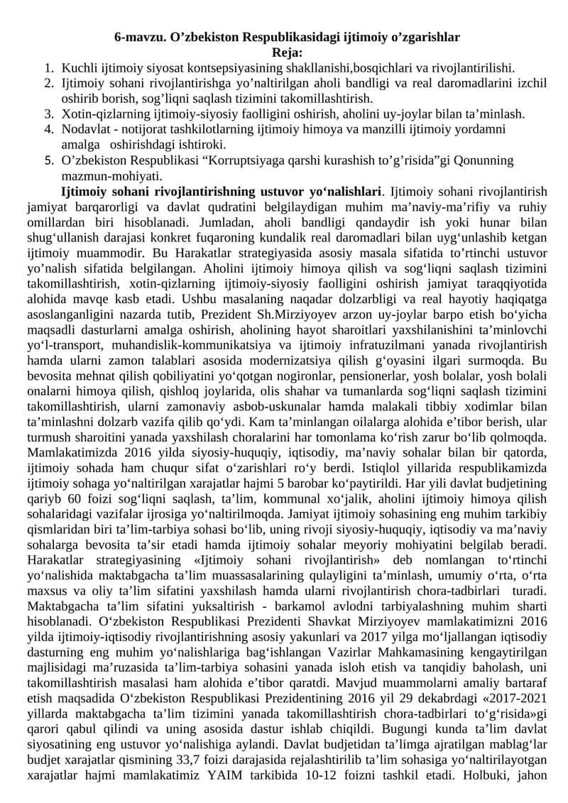 O’zbekiston Respublikasidagi ijtimoiy o’zgarishlar