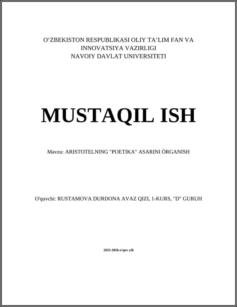 ARISTOTELNING "POETIKA" ASARINI ÒRGANISH