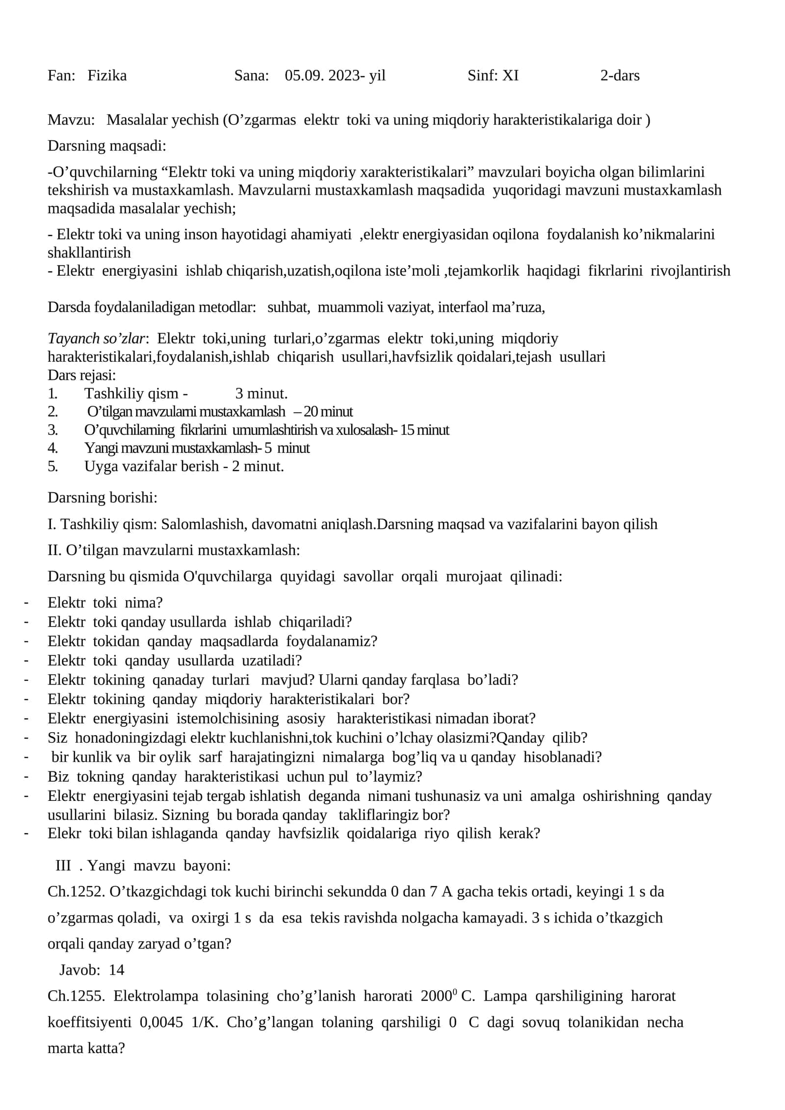 Masalalar yechish (O’zgarmas elektr toki va uning miqdoriy harakteristikalariga doir)