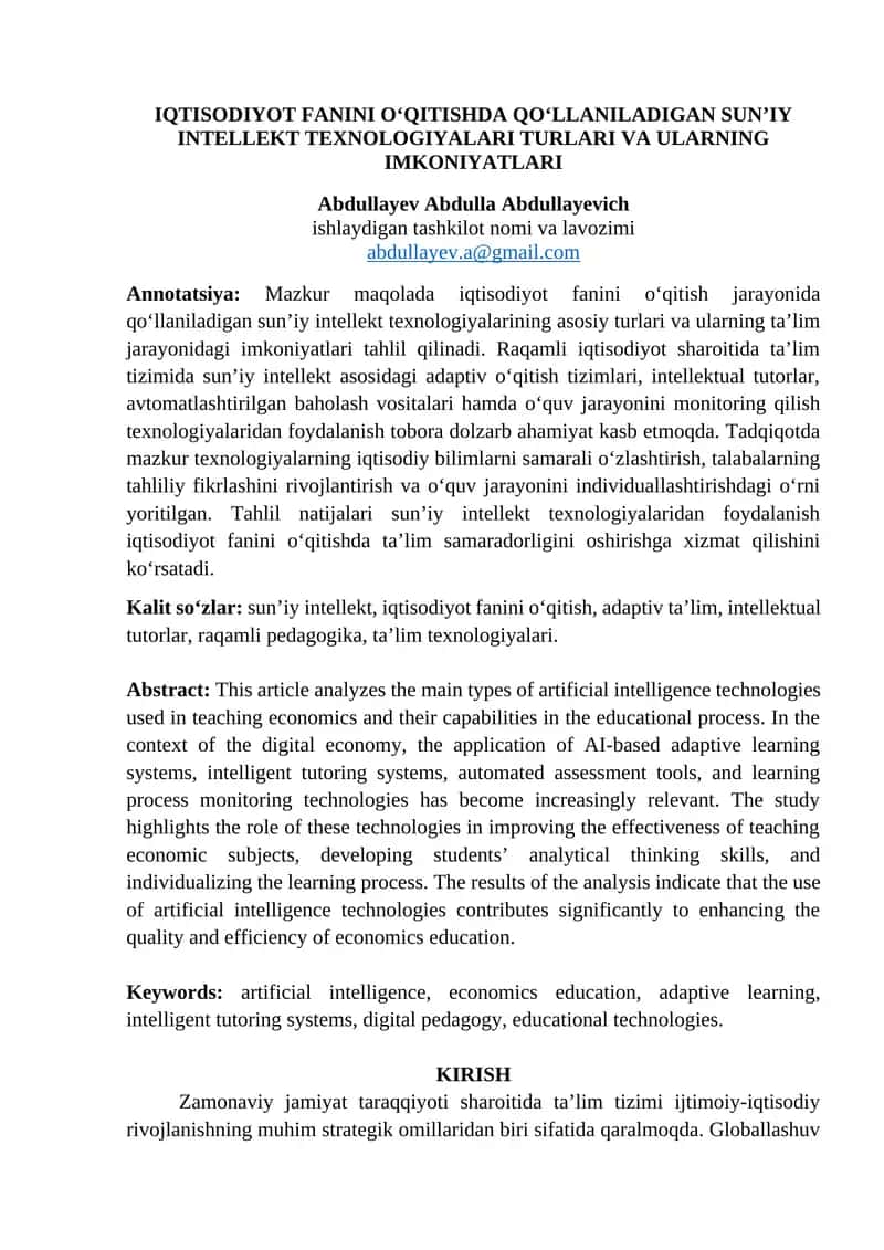 IQTISODIYOT FANINI O‘QITISHDA QO‘LLANILADIGAN SUN’IY INTELLEKT TEXNOLOGIYALARI TURLARI VA ULARNING IMKONIYATLARI
