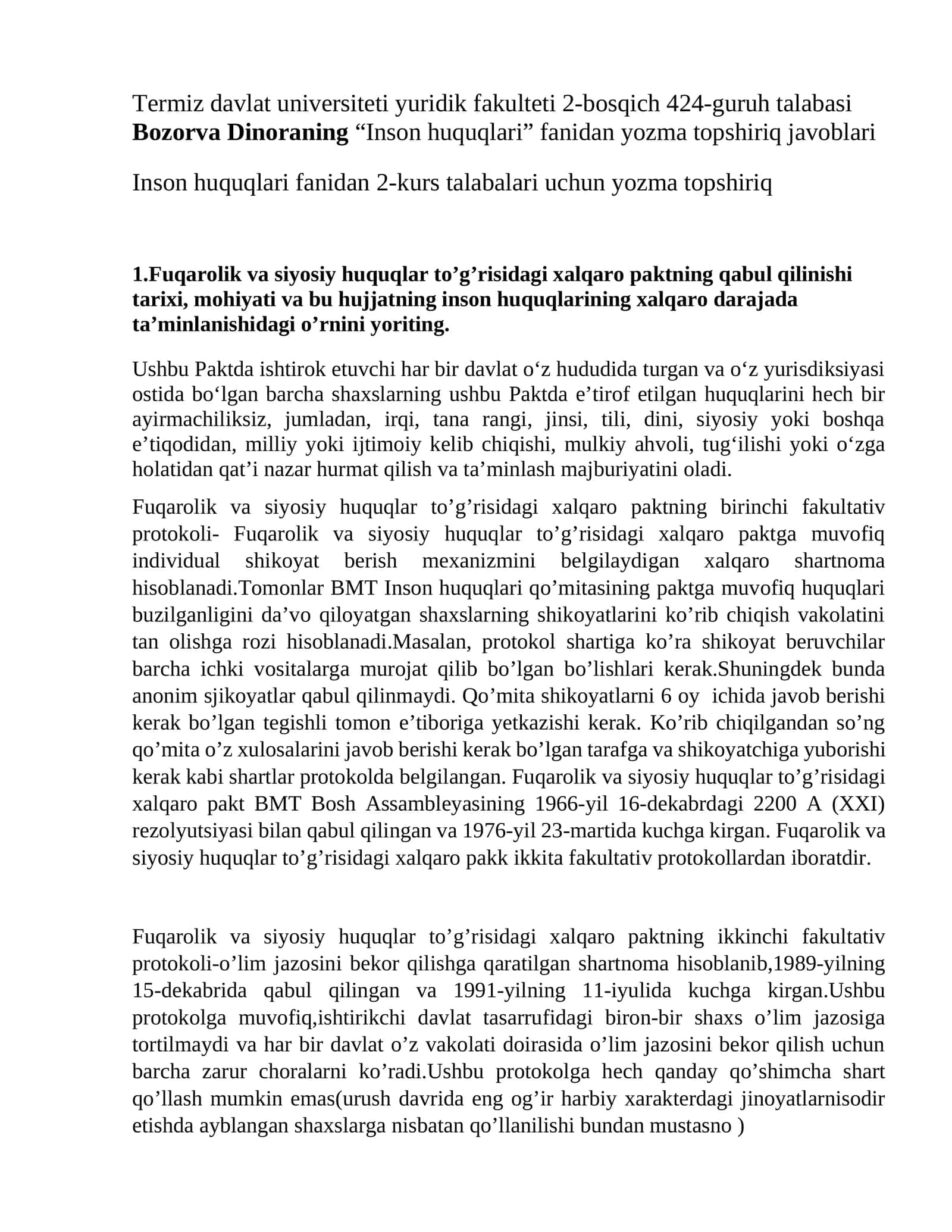 "Inson huquqlari fanidan yozma topshiriq javoblari"