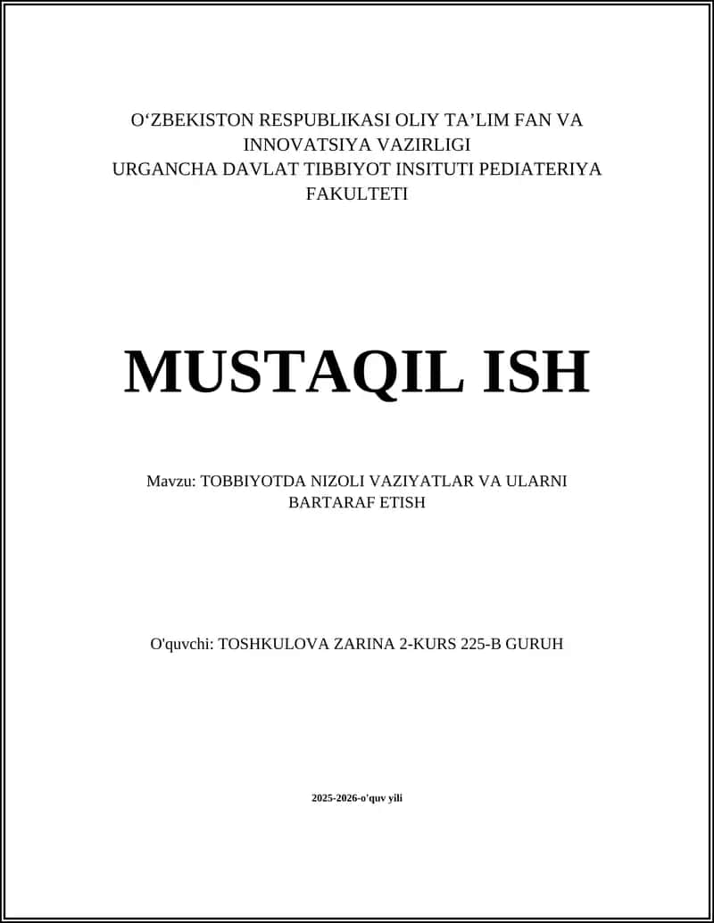 TOBBIYOTDA NIZOLI VAZIYATLAR VA ULARNI BARTARAF ETISH