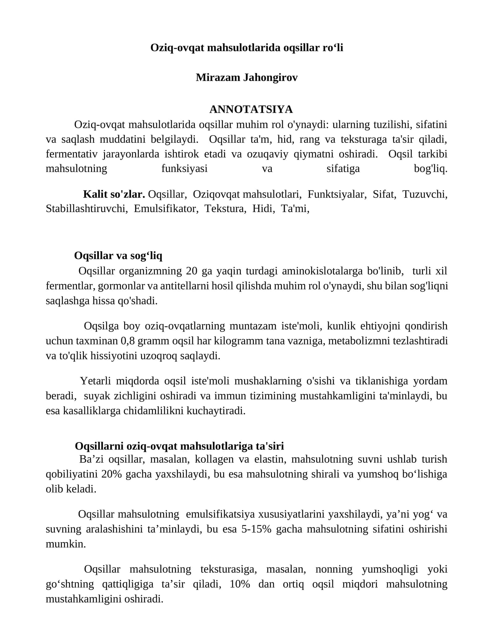 Oziq-ovqat mahsulotlarida oqsillar roʻli