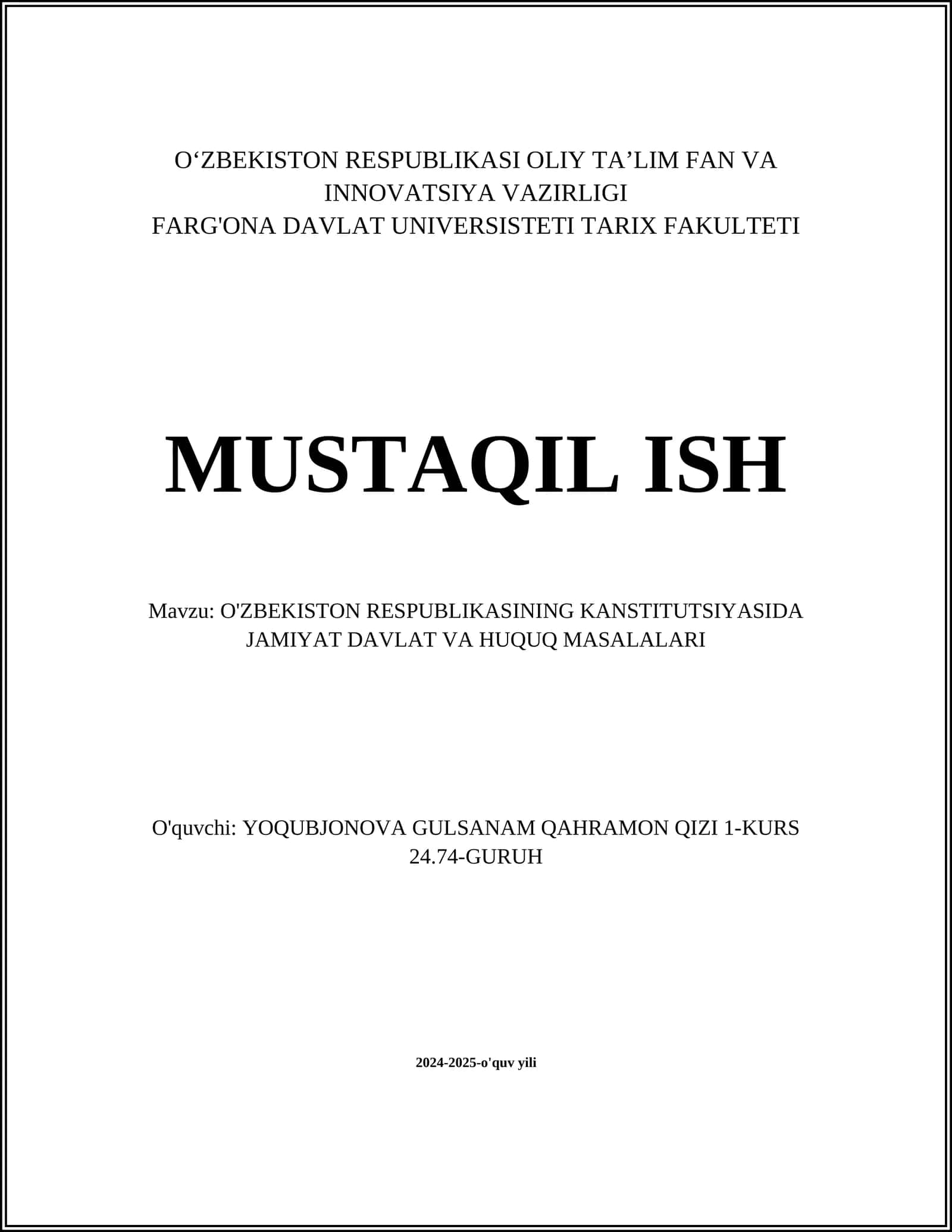 O'ZBEKISTON RESPUBLIKASINING KANSTITUTSIYASIDA JAMIYAT DAVLAT VA HUQUQ MASALALARI