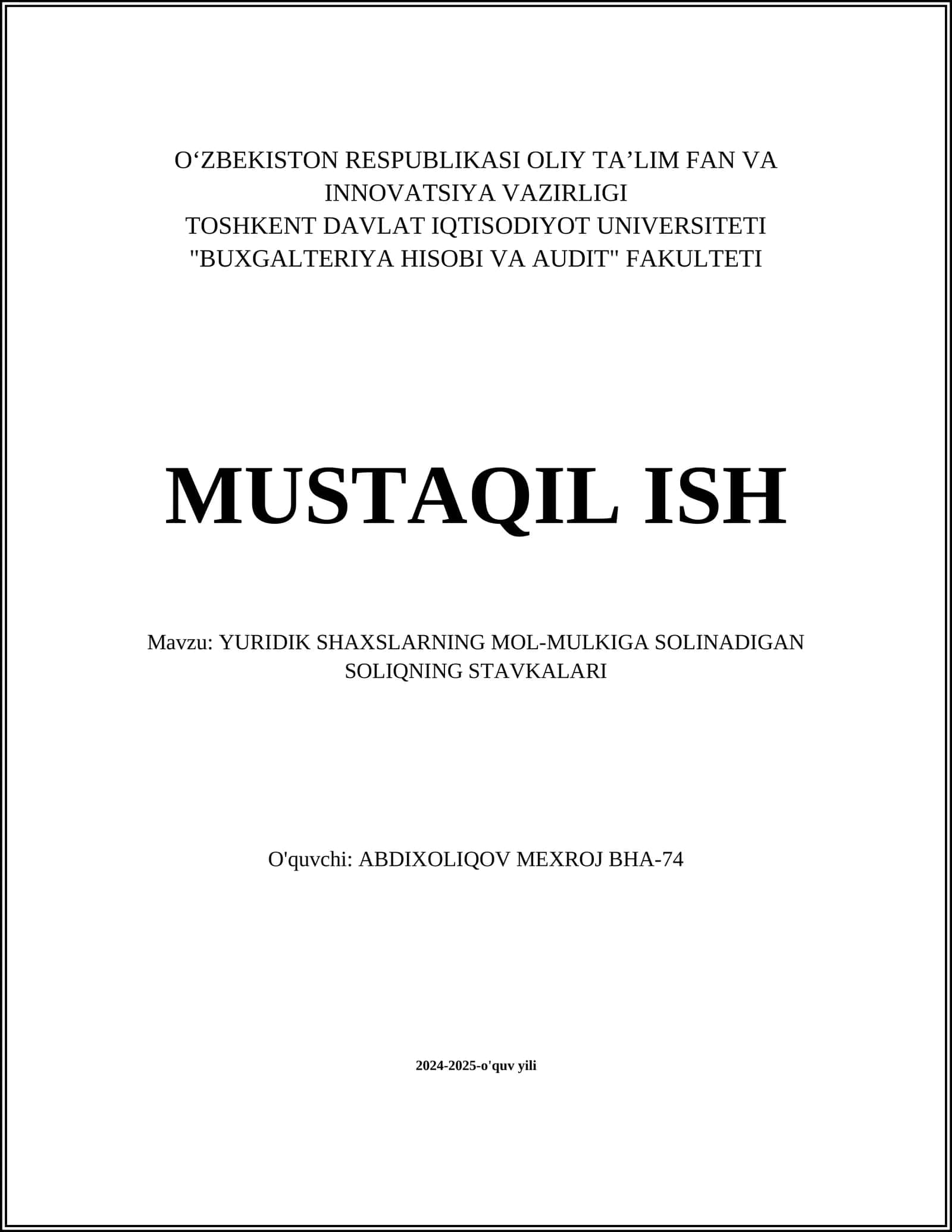 YURIDIK SHAXSLARNING MOL-MULKIGA SOLINADIGAN SOLIQNING STAVKALARI