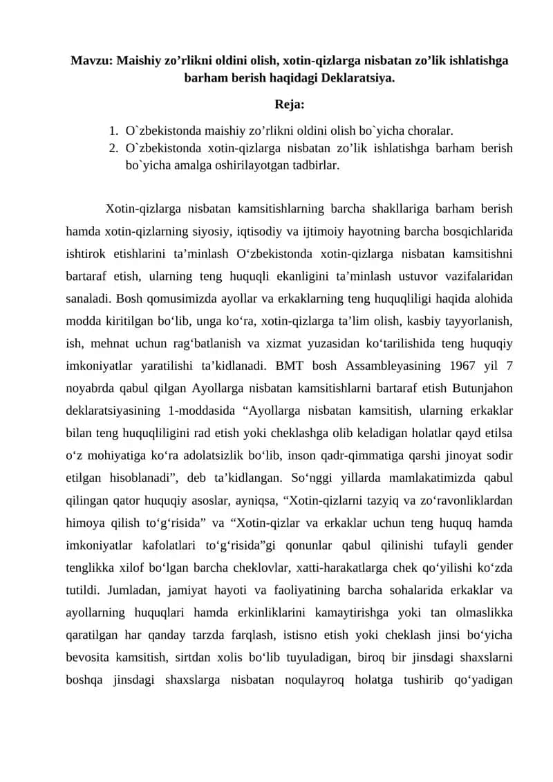 Maishiy zo’rlikni oldini olish, xotin-qizlarga nisbatan zo’lik ishlatishga barham berish haqidagi Deklaratsiya.