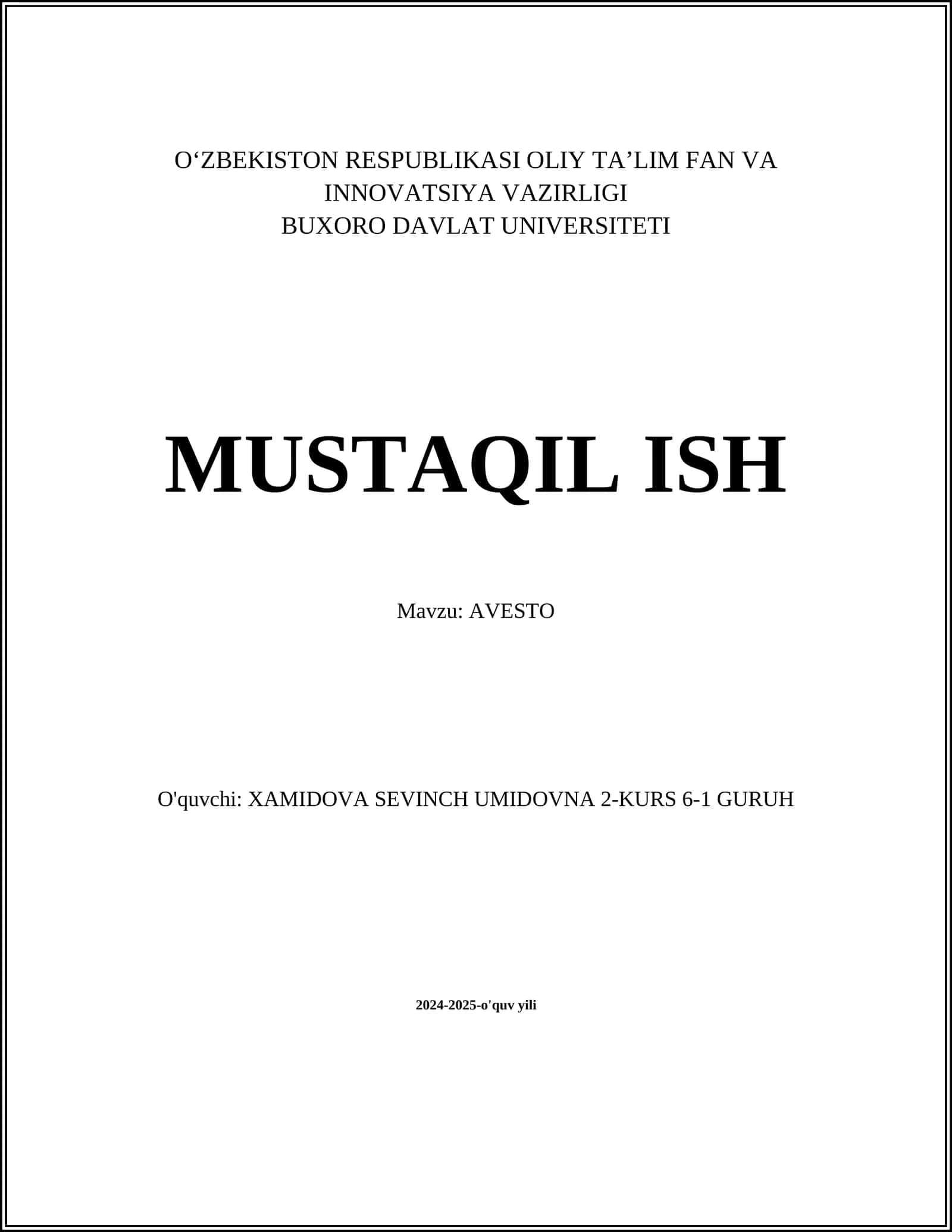 MUSTAQIL ISH Mavzu: AVESTO