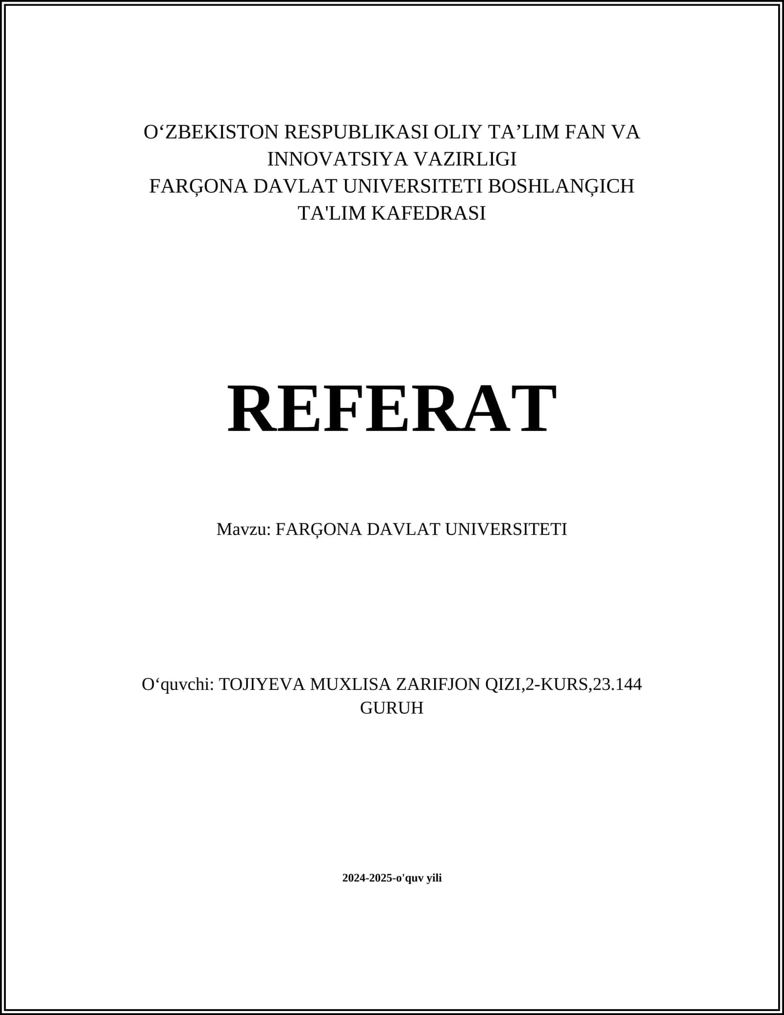 Referat: Fargʻona Davlat Universiteti