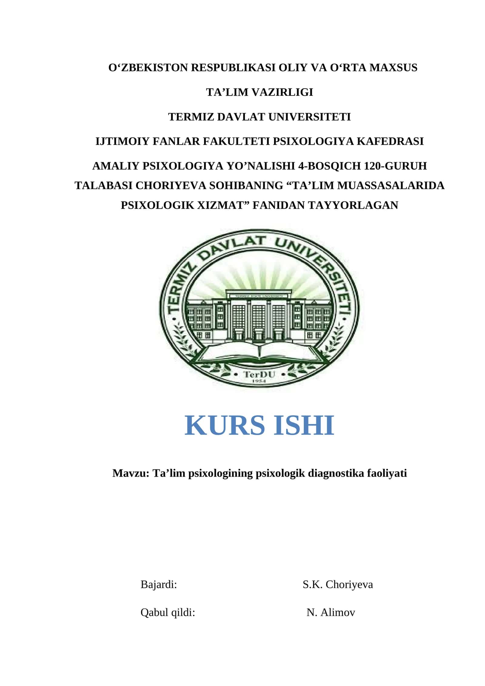 Ta’lim psixologining psixologik diagnostika faoliyati