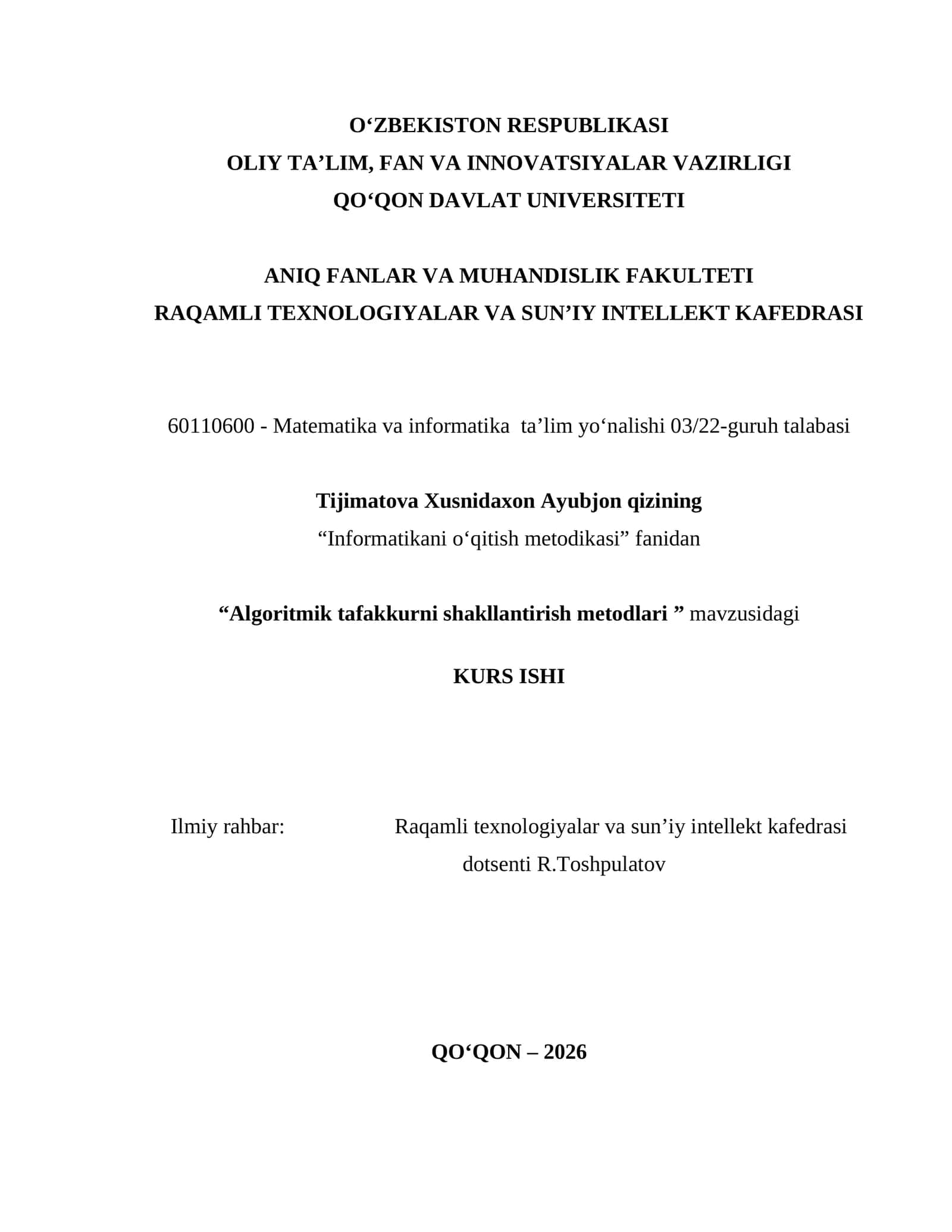 Algoritmik tafakkurni shakllantirish metodlari KURS ISHI