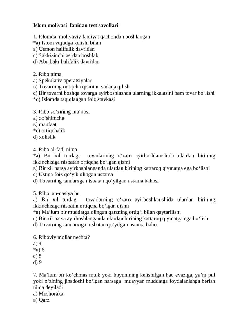 Islom moliyasi fanidan test savollari