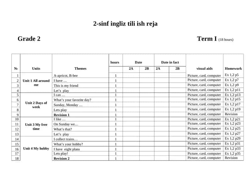 2-sinf ingliz tili ish reja