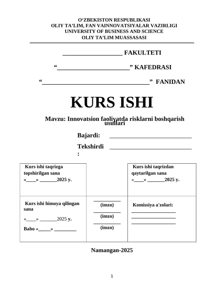 Kuris ishi: Innоvаtsiоn fаоliyаtdа risklаrni bоshqаrish usullаri