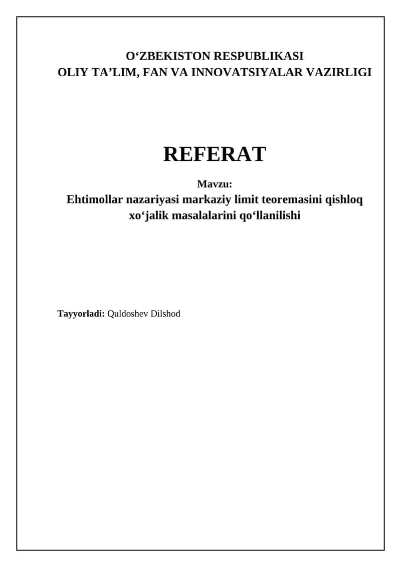 Ehtimollar Nazariyasi Markaziy Limit Teoremasi