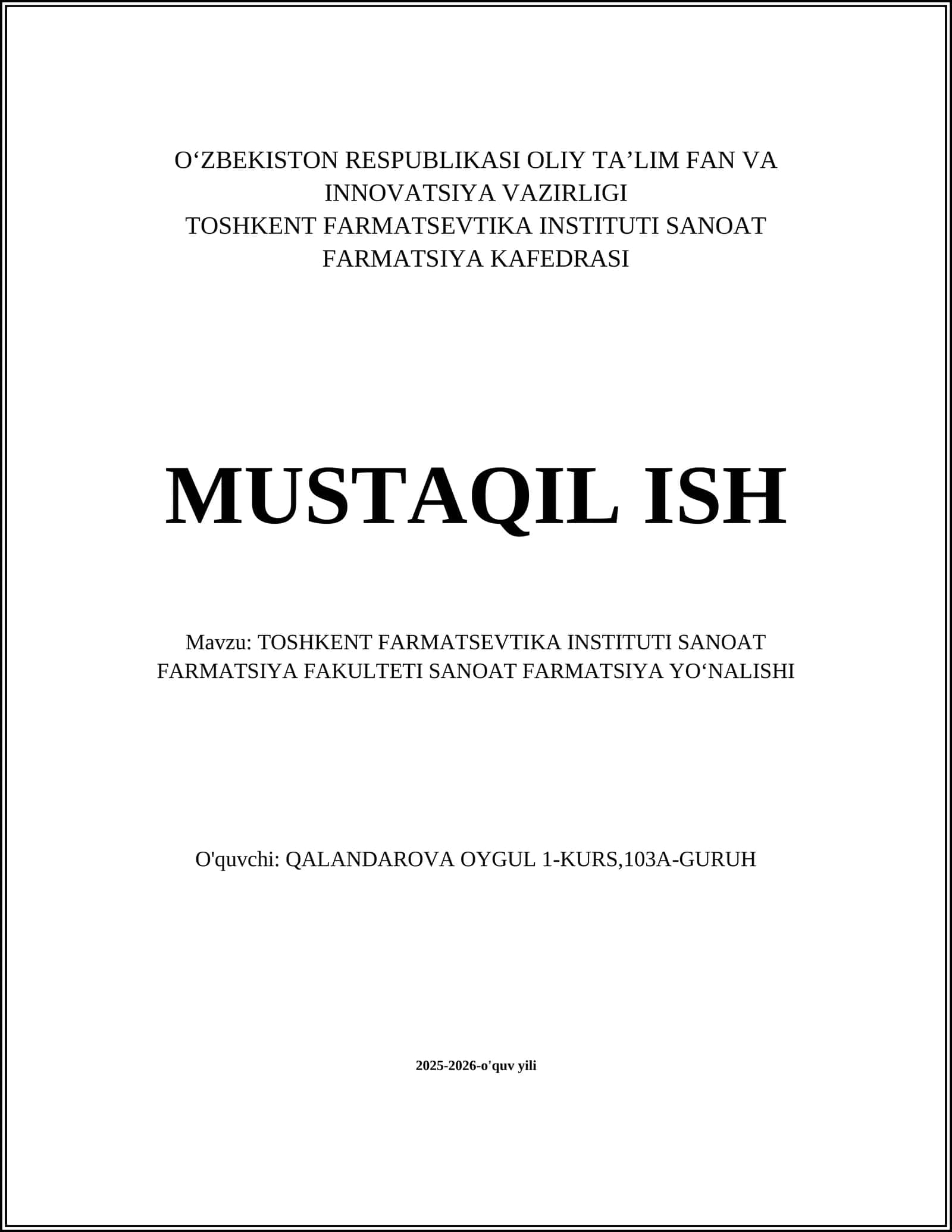 Sanoat Farmatsiya Yo'nalishi O'quv Dasturi